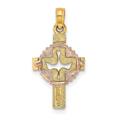 14k Two-tone Gold Cut-Out Dove On Cross Charm Pendant for Women