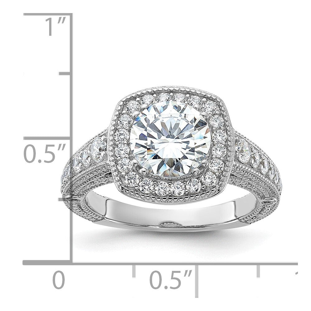 Sterling Silver Rhodium-plated 8mm Center Cubic Zirconia Halo Ring Size 7