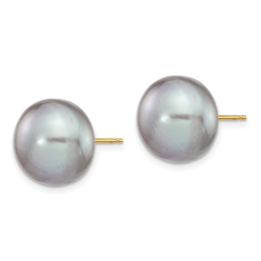 14k Yellow Gold 12-13mm Grey Button Freshwater Cultured Pearl Stud Earrings