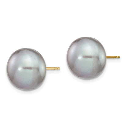 14k Yellow Gold 12-13mm Grey Button Freshwater Cultured Pearl Stud Earrings