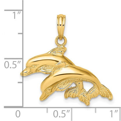 14k Yellow Gold 2-D Polished /Engraved Double Dolphins Charm Pendant