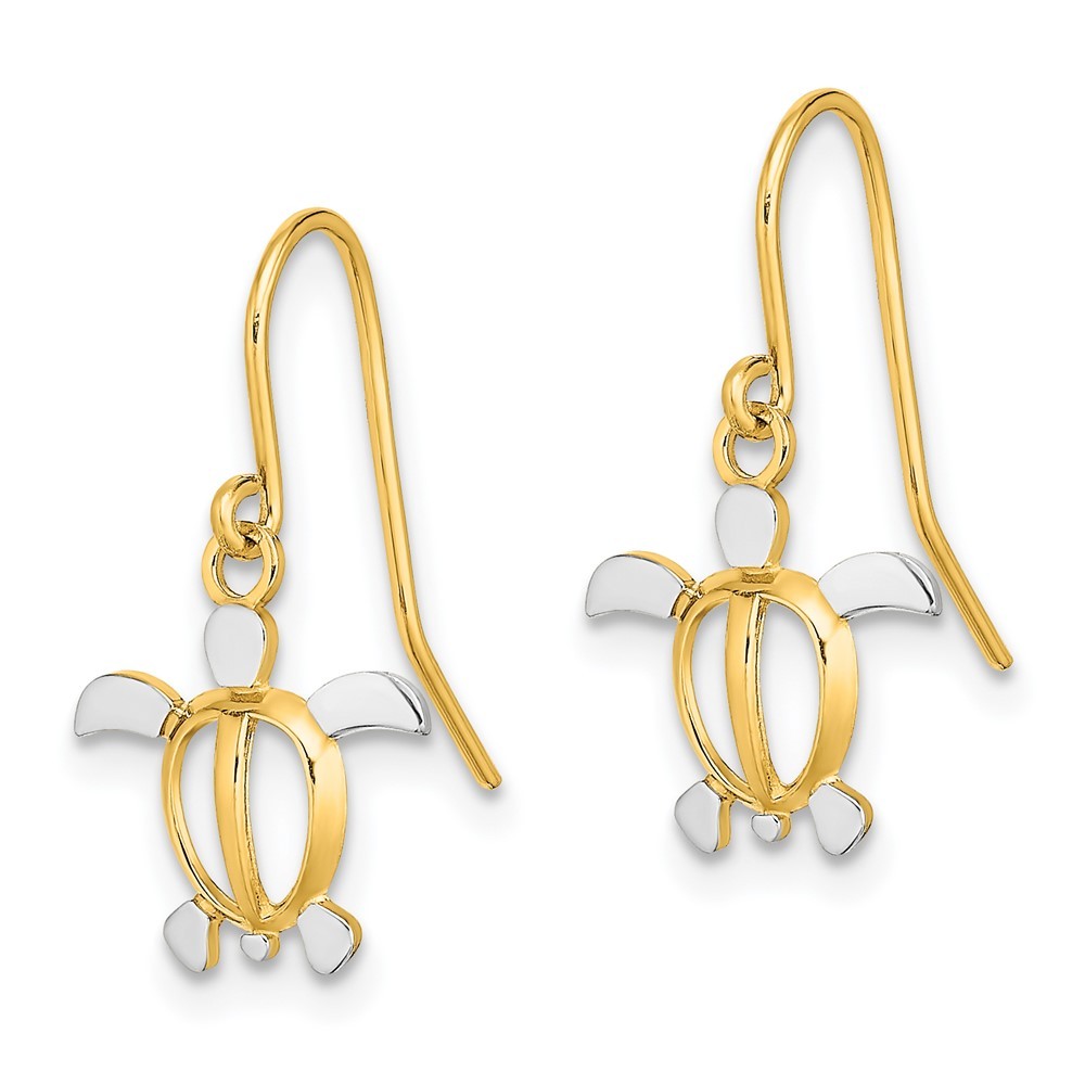14k Yellow Gold W/ Rhodium Sea Turtle Dangle Earrings