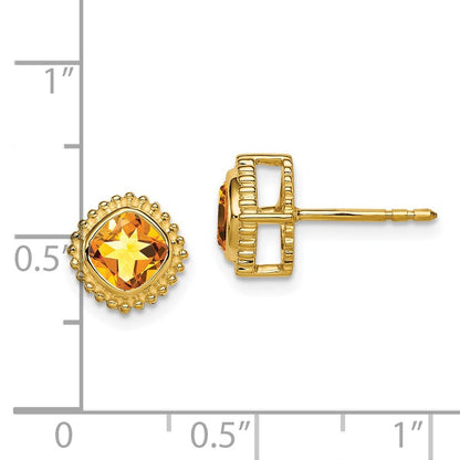 14k Yellow Gold Cushion Citrine Stud Earrings