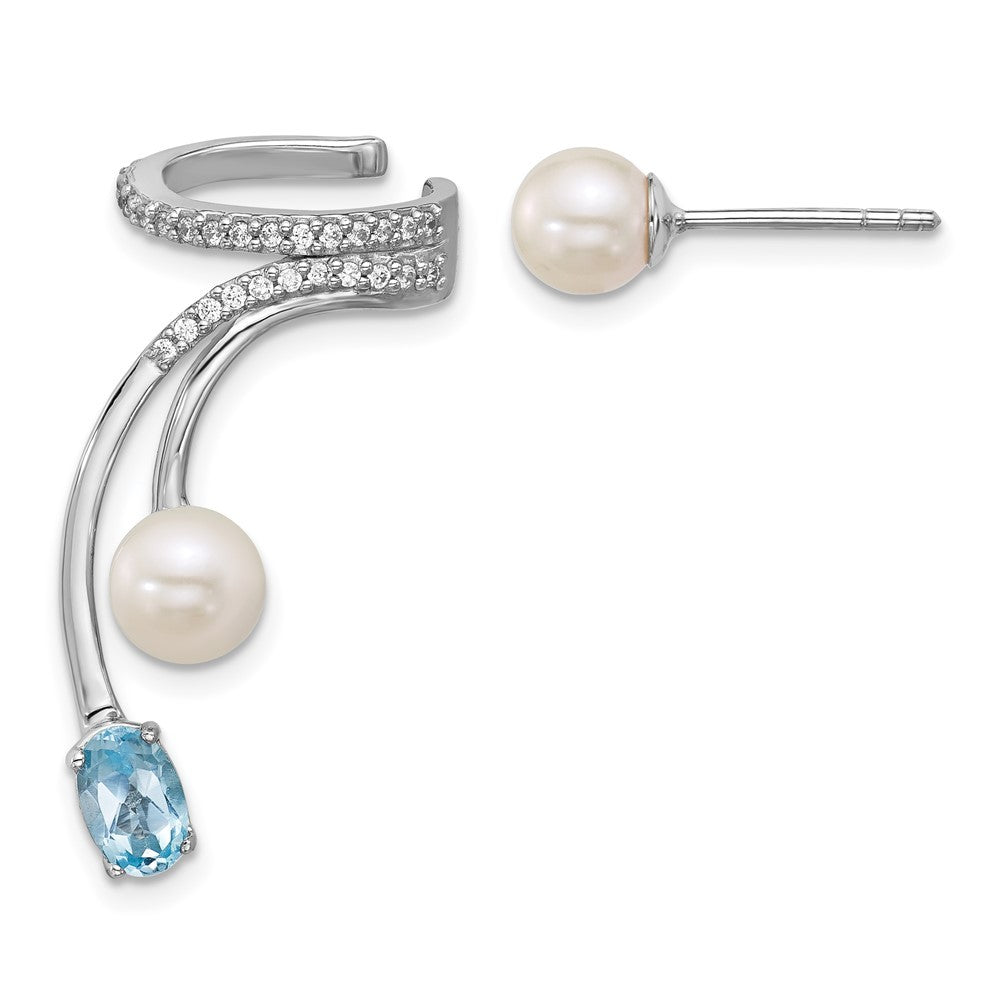 Sterling Silver CZ Freshwater Cultured Pearl & Topaz Cuff Asymmetric Earrings