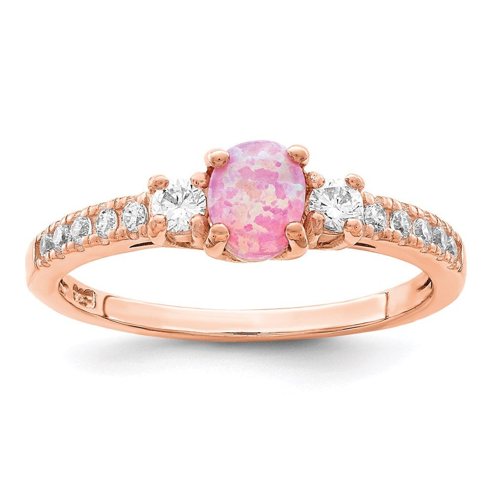 Sterling Silver Rose-tone Created Pink Opal and Cubic Zirconia Ring Size 7