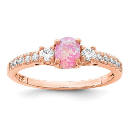 Sterling Silver Rose-tone Created Pink Opal and Cubic Zirconia Ring Size 7