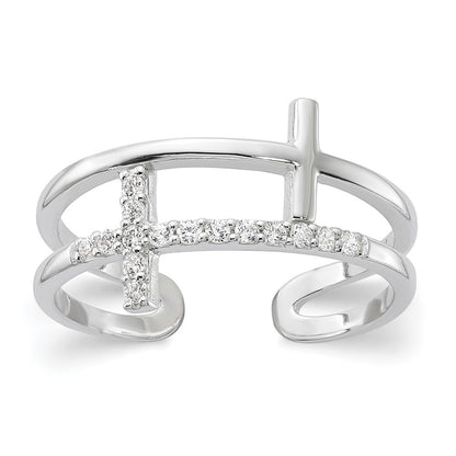 Sterling Silver E-coated CZ Cross Open Back Ring Size 6