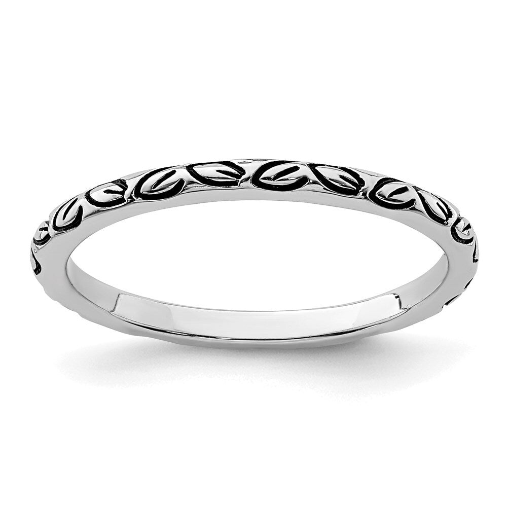 Sterling Silver Rhodium-plated Antiqued Leaf Band Size 8