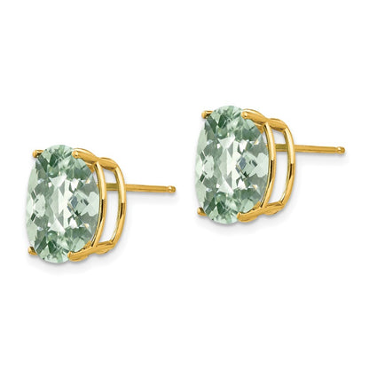 14k Yellow Gold 12x10 Oval Checker-Cut Green Quartz Earrings