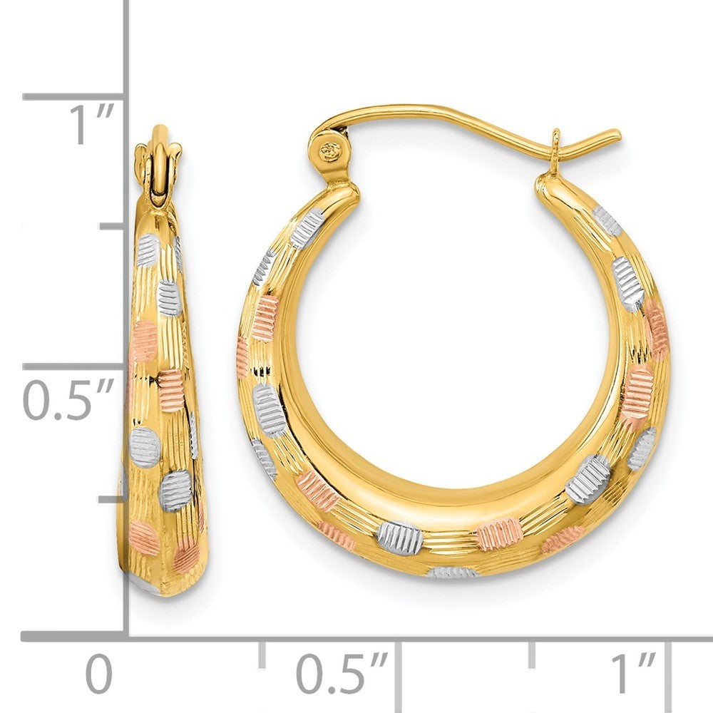 14k Yellow Gold White and Rose Rhodium Polished Satin Diamond-cut Hoop Earrings