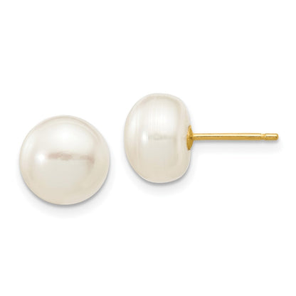 14k Yellow Gold 8-9mm White Button Freshwater Cultured Pearl Stud Earrings