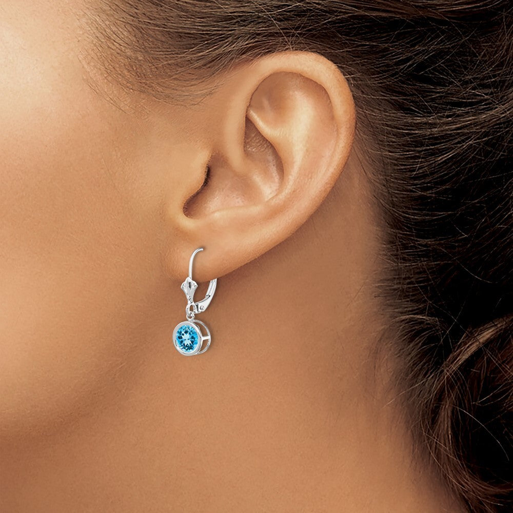 14k White Gold 6mm Blue Topaz Dangle Earrings Leverback Gift for Women