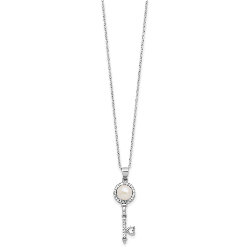 Sterling Silver 7mm Butto Freshwater Cultured Pearl and CZ Key 17" Necklace