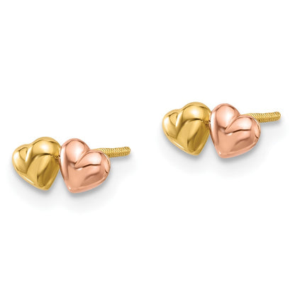 14K Two-tone Gold Double Hearts Screwback Earrings