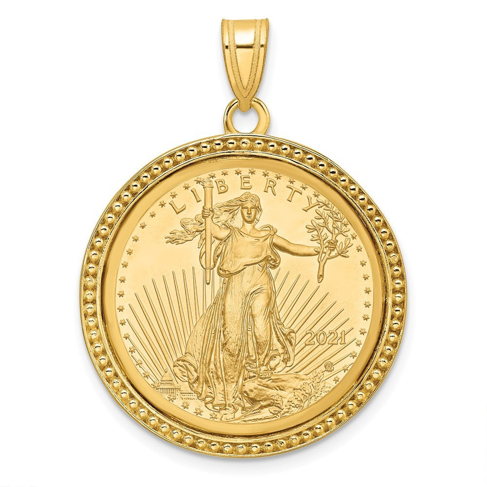 14k Yellow Gold Beaded Mounted 1/4oz American Eagle Coin Bezel Pendant