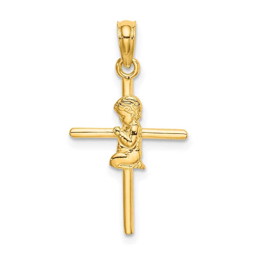 14k Yellow Gold Praying Boy Cross Charm Pendant for Women