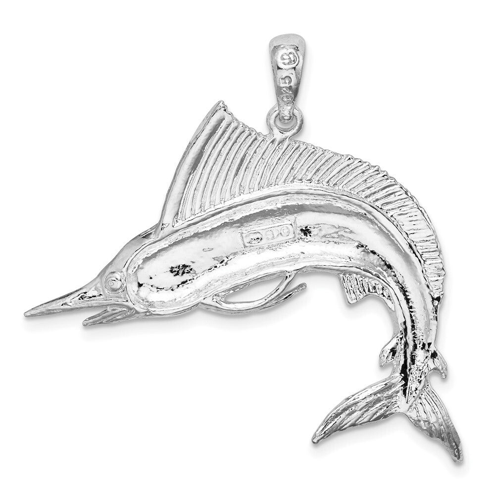 Sterling Silver Rhodium-Plated Polished and Satin Striped Marlin Pendant