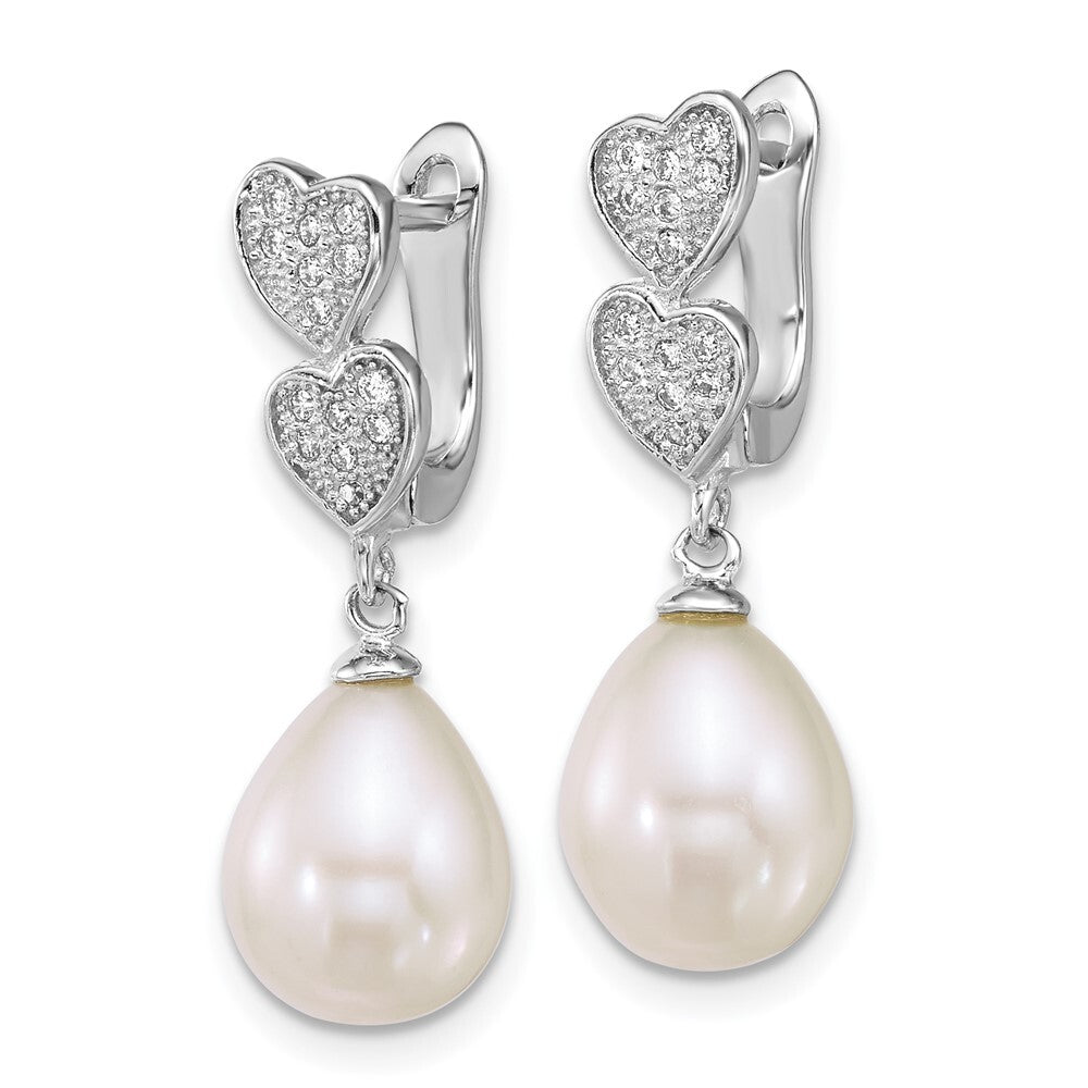 Sterling Silver Teardrop Cultured Pearl Cubic Zirconia Hearts Dangle Earrings