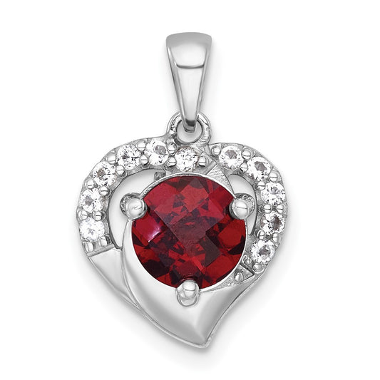 Sterling Silver Rhodium-plated  Fancy Garnet and White Topaz Heart Pendant