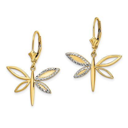 14k Yellow Gold & White Rhodium Diamond-Cut Dragonfly Drop Dangle Earrings