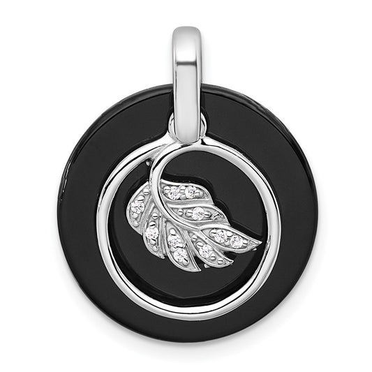 Sterling Silver Polished Onyx Circle and Cubic Zirconia Leaf Dangle Pendant