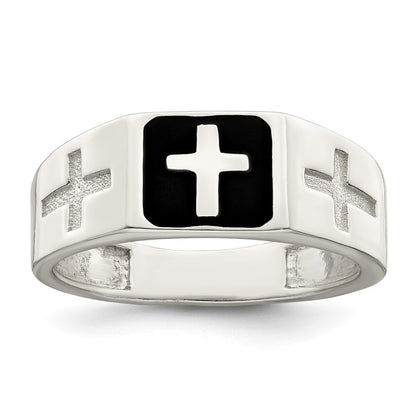 Sterling Silver Rhodium-plated Enameled Cross Ring Size 10