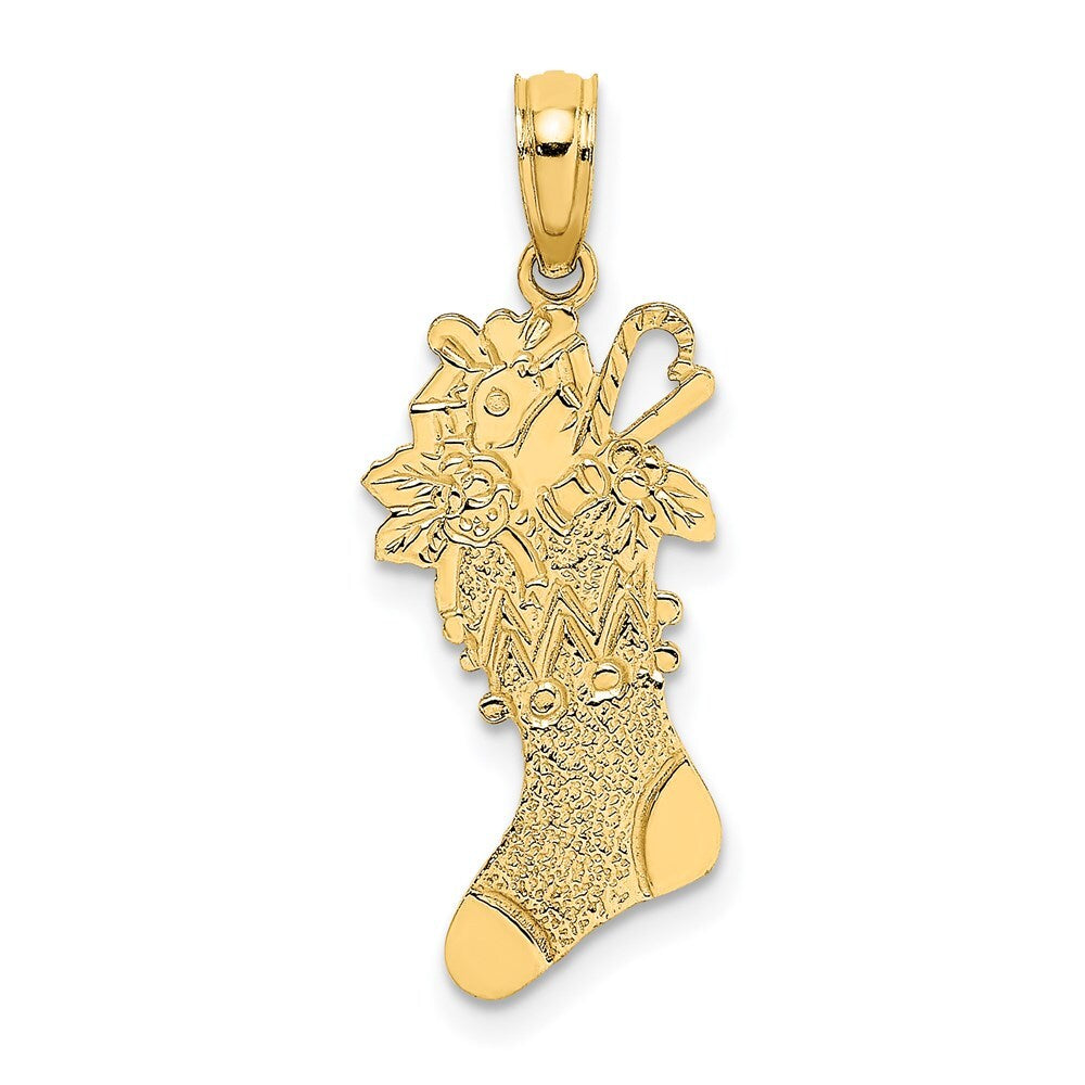 14k Yellow Gold Polished Christmas Stocking Charm Pendant for Women