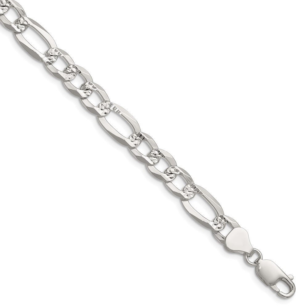 Sterling Silver 8.0mm Flat Diamond-Cut Pave Figaro Chain Bracelet
