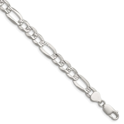Sterling Silver 8.0mm Flat Diamond-Cut Pave Figaro Chain Bracelet