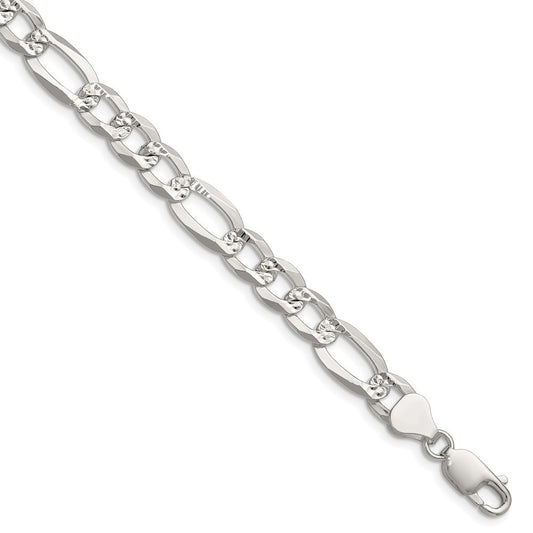 Sterling Silver 8.0mm Flat Diamond-Cut Pave Figaro Chain Bracelet
