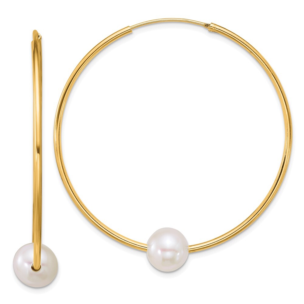 Sterling Silver Gold-plated 8-9mm White Semi-Round Cultured Pearl Hoop Earrings