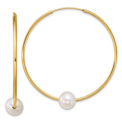 Sterling Silver Gold-plated 8-9mm White Semi-Round Cultured Pearl Hoop Earrings