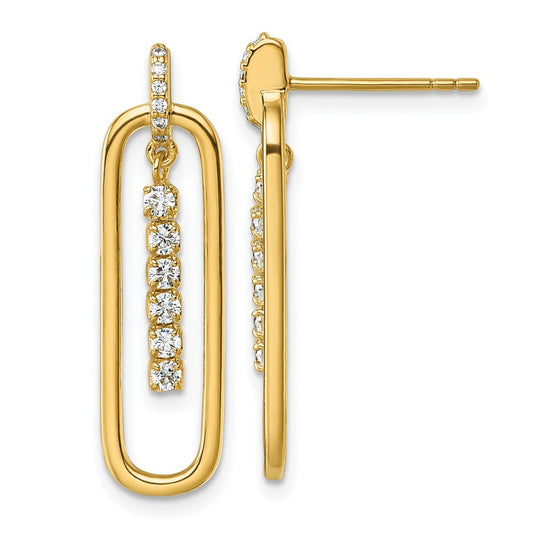 Sterling Silver Gold-tone with White Cubic Zirconia Oblong Dangle Post Earrings