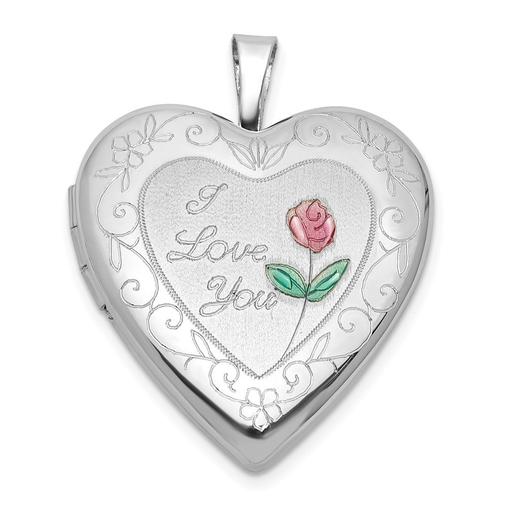 Sterling Silver Rh-plate Polish Satin Epoxy 20mm I Love You Rose Locket