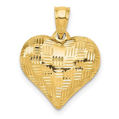 14k Yellow Gold Polished Basket Weave Pattern 3-D Heart Pendant for Women