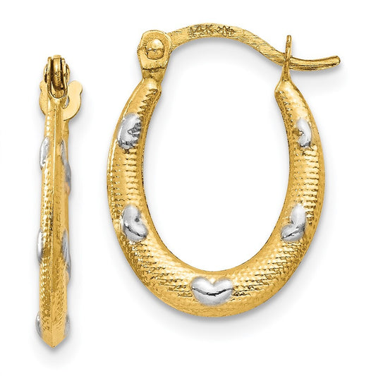 14k Yellow Gold Rhodium Textured Hollow Oval Hearts Hoop Earrings