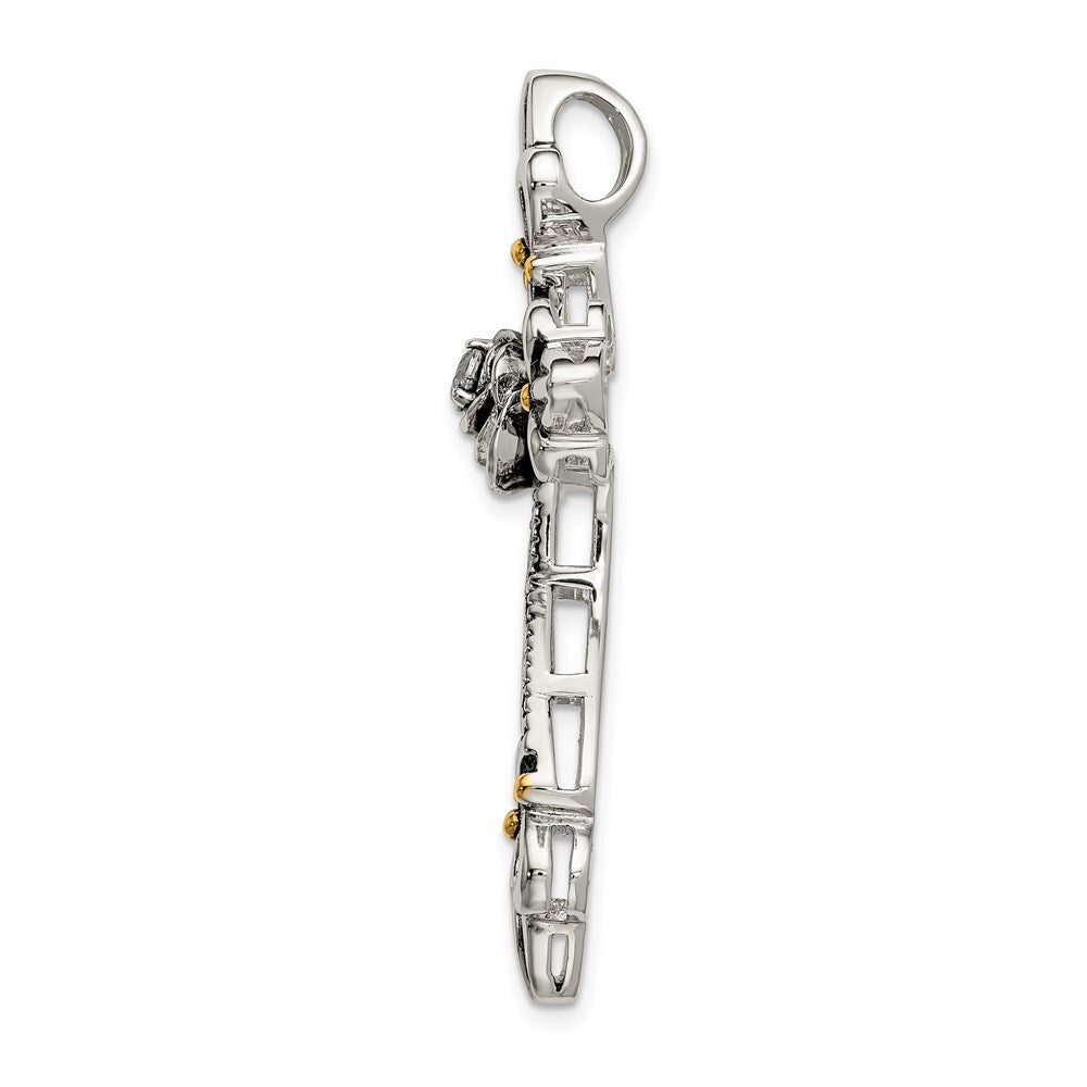 Sterling Silver Gold-plated Cubic Zirconia Antiqued Cross Slide