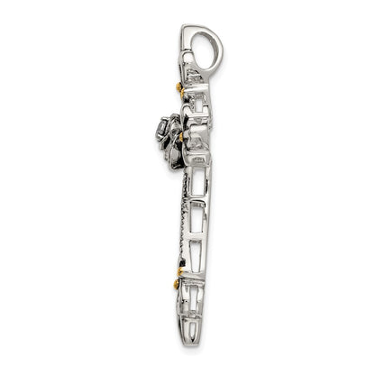 Sterling Silver Gold-plated Cubic Zirconia Antiqued Cross Slide
