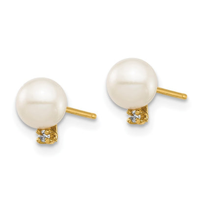 14k Yellow Gold 5-6mm Freshwater Cultured Pearl & Diamond Stud Earrings