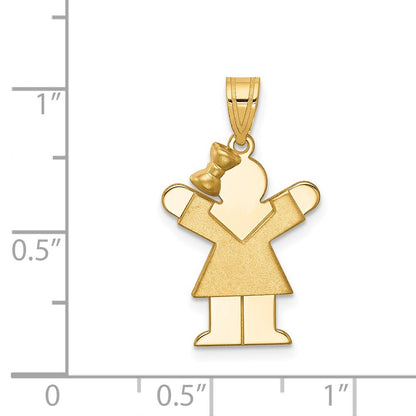 14k Yellow Gold Solid Engravable Girl with Bow on Left Charm Pendant for Women