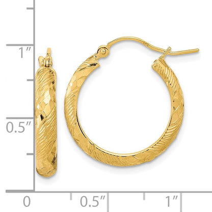 14k Yellow Gold Polished and Textured Diamond-Cut Fancy Pattern Hoop Earrings