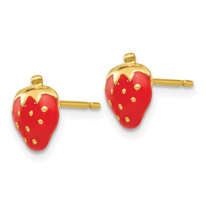 14k Yellow Gold Enameled Strawberry Stud Earrings Gift for Women