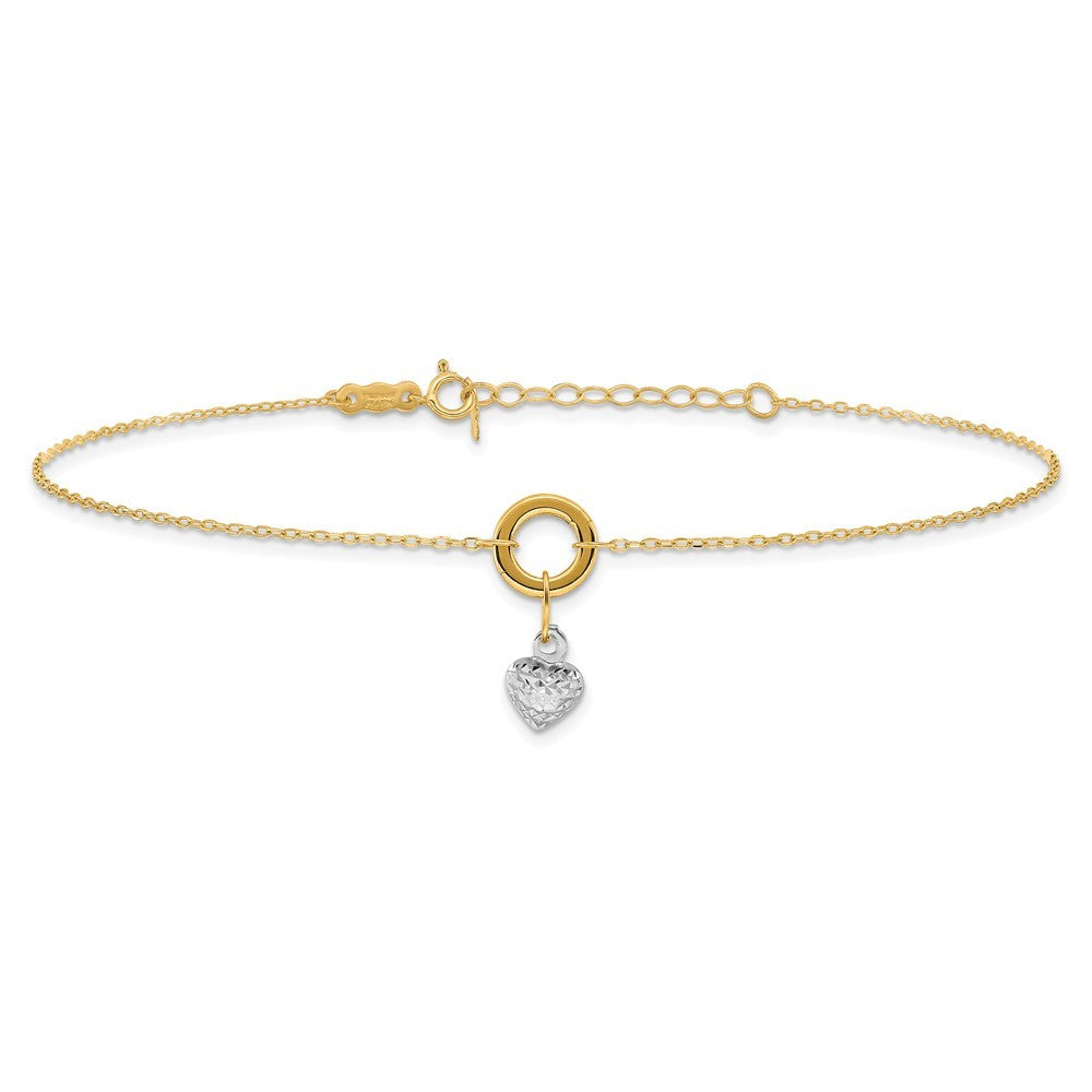14K Two-tone Circle with Diamond-cut Puffed Heart Dangle 10" Anklet