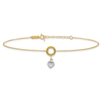14K Two-tone Circle with Diamond-cut Puffed Heart Dangle 10" Anklet