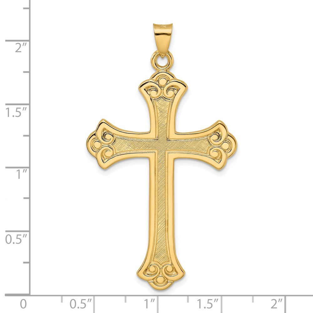 14k Yellow Gold Polished and Textured Solid Fleur de Lis Cross Pendant