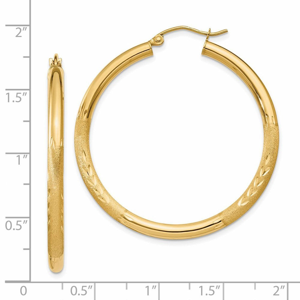 14k Yellow Gold Satin and Diamond-cut 3mm Round Hoop Earrings
