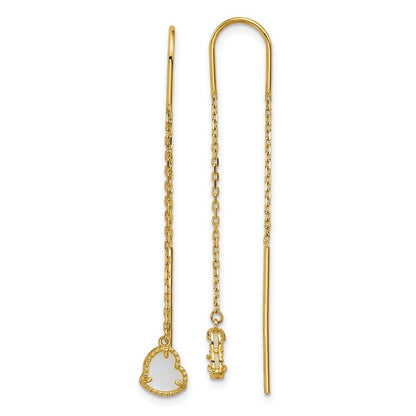 14k Yellow Gold Polished Mother of Pearl Heart Cable Chain Threader Earrings