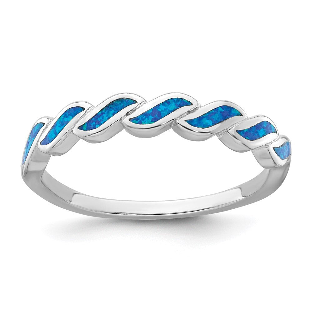 Sterling Silver Rhodium-plated Polished Blue Created Opal Wave Ring Size 8