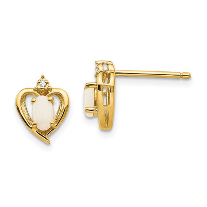 14k Yellow Gold Opal and Diamond Heart Stud Earrings Gift for Women