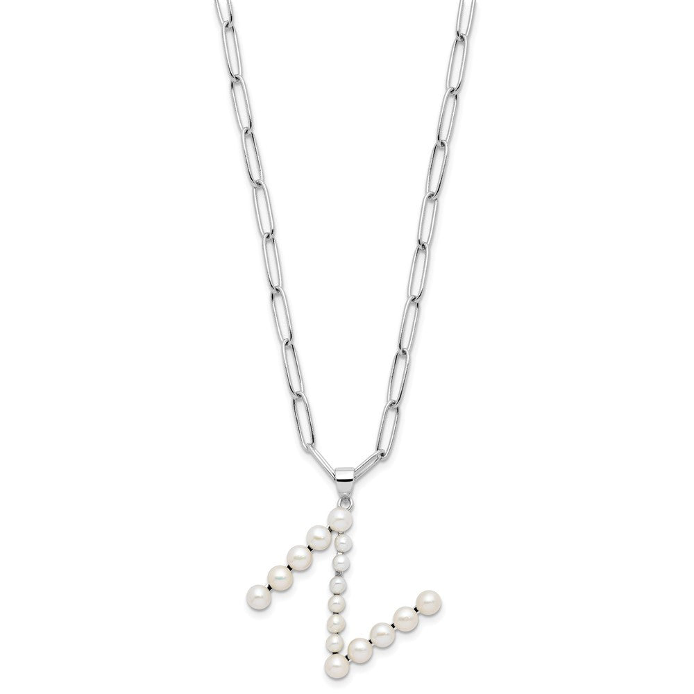 Sterling Silver 3-5.5mm White Button Cultured Pearl LETTER N Necklace 18"